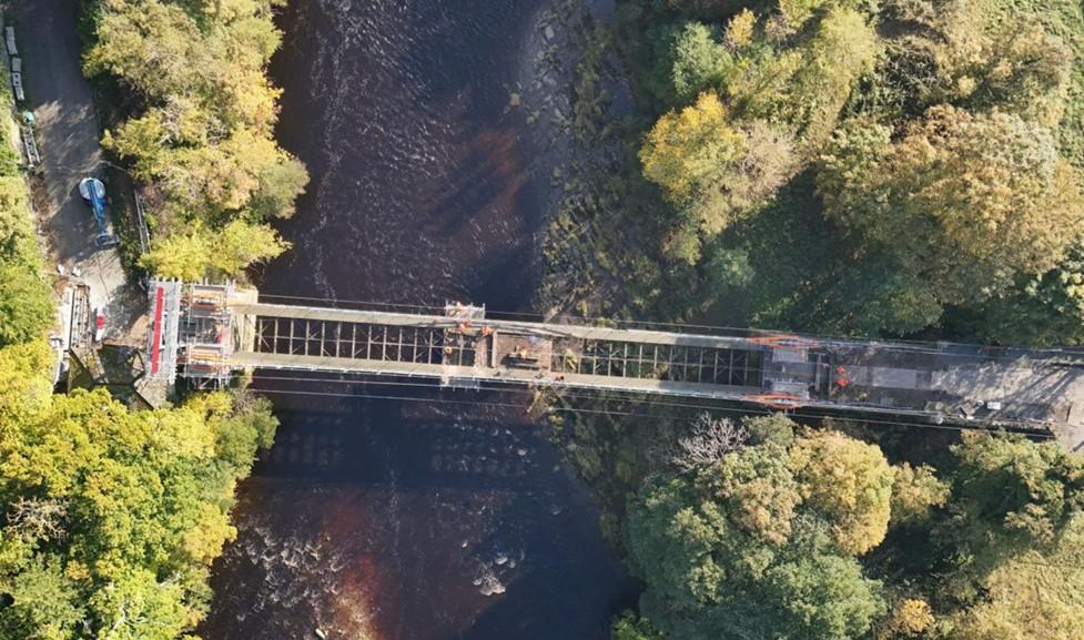 Historic Whorlton Suspension Bridge during its rehabilitation