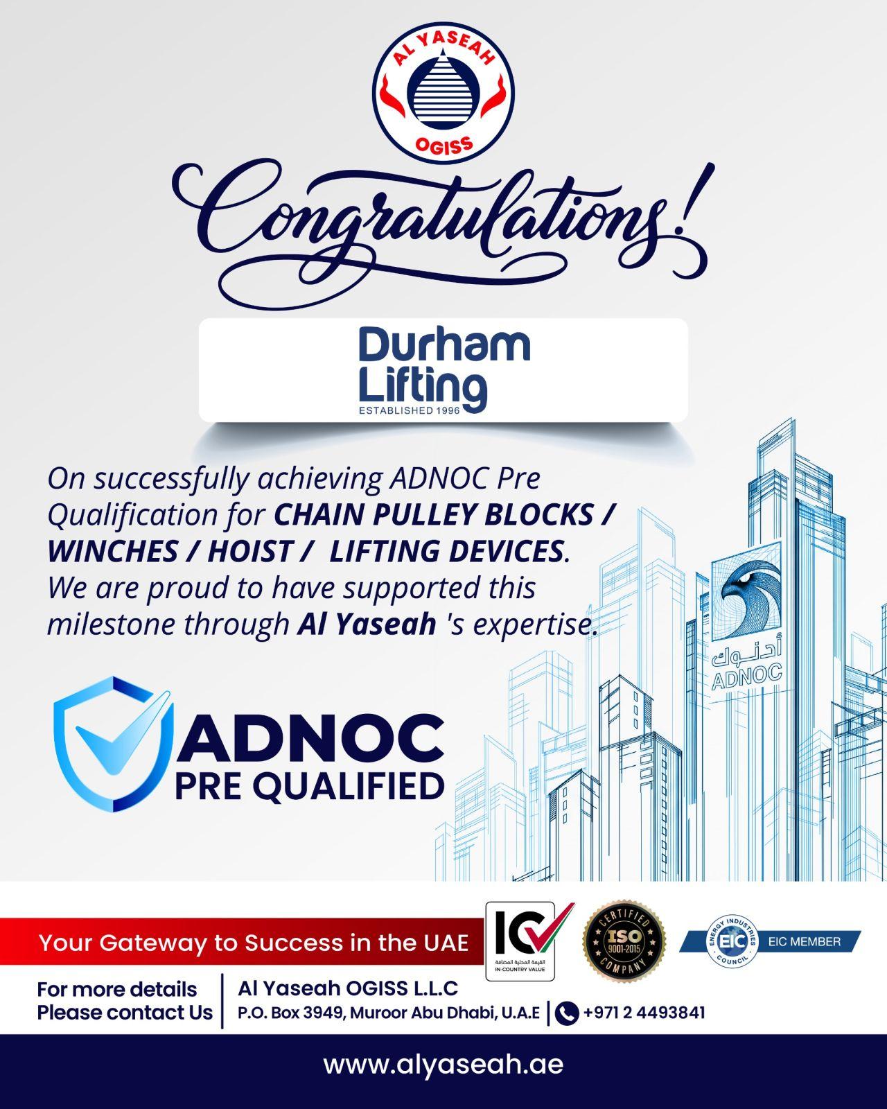 Durham Lifting achieves ADNOC Group Pre-Qualification with support from Al Yaseah OGISS